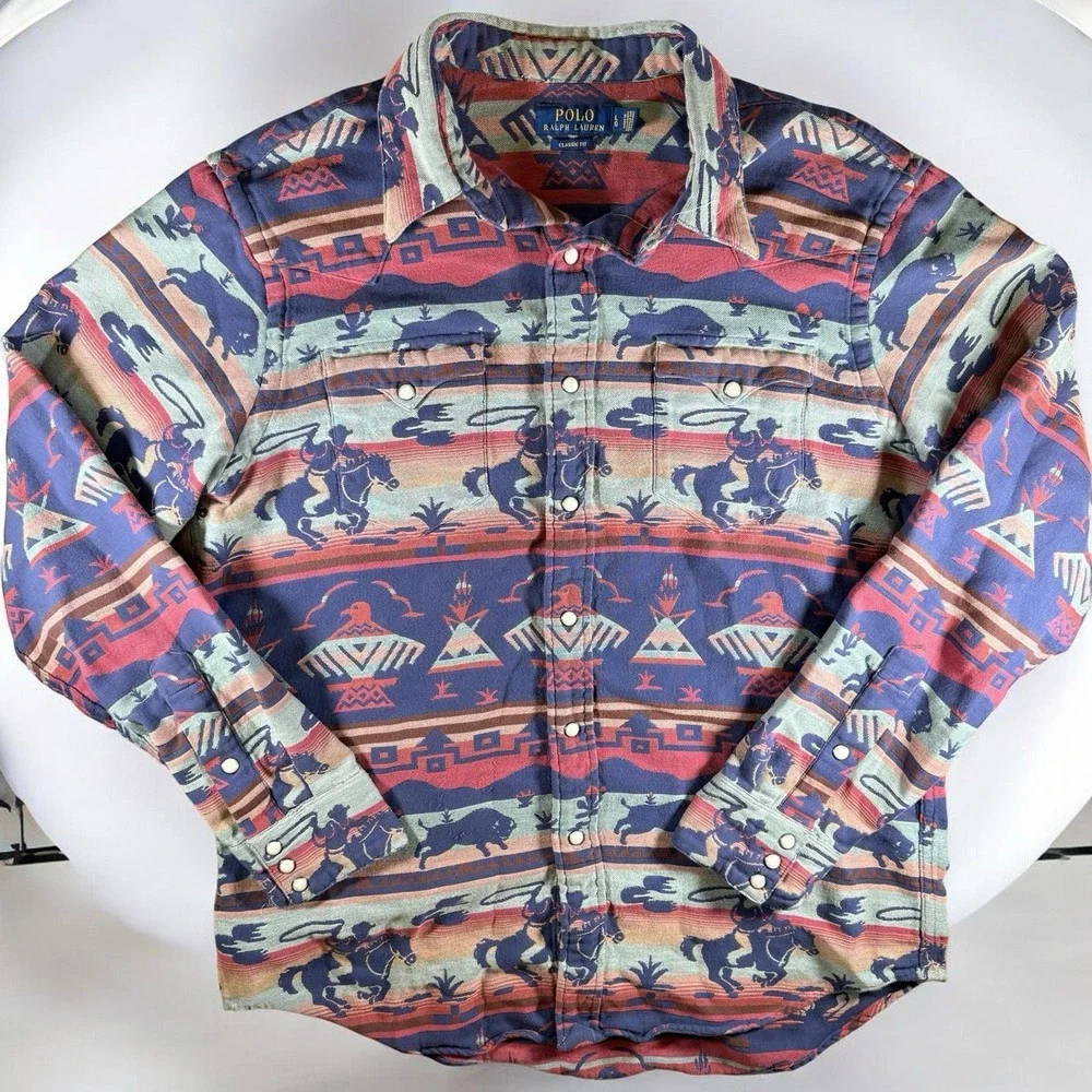Polo Ralph Lauren Western Shirt Mens L Southwestern Aztec Cowboy Pearl Snap